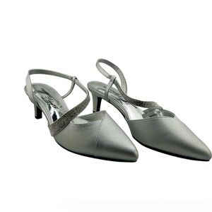 Easy Street “Emerald” Silver Satin Heels – Size 7.5 WW – Rhinestone Strap